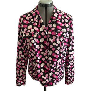 Maggy London Polka Dot Button-Up Jacket Size 14 Black Pink White Lightweight